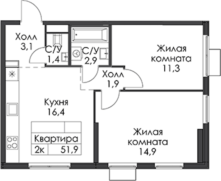 2-комнатная квартира 51.9 м², 8/24 эт., ЖК «Заречный парк»